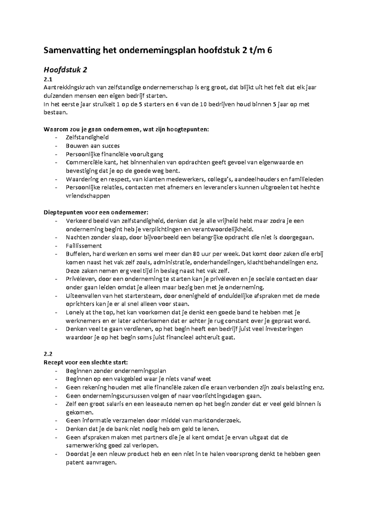 Samenvatting Het ondernemingsplan Ron Plattel  Samenvatting het
