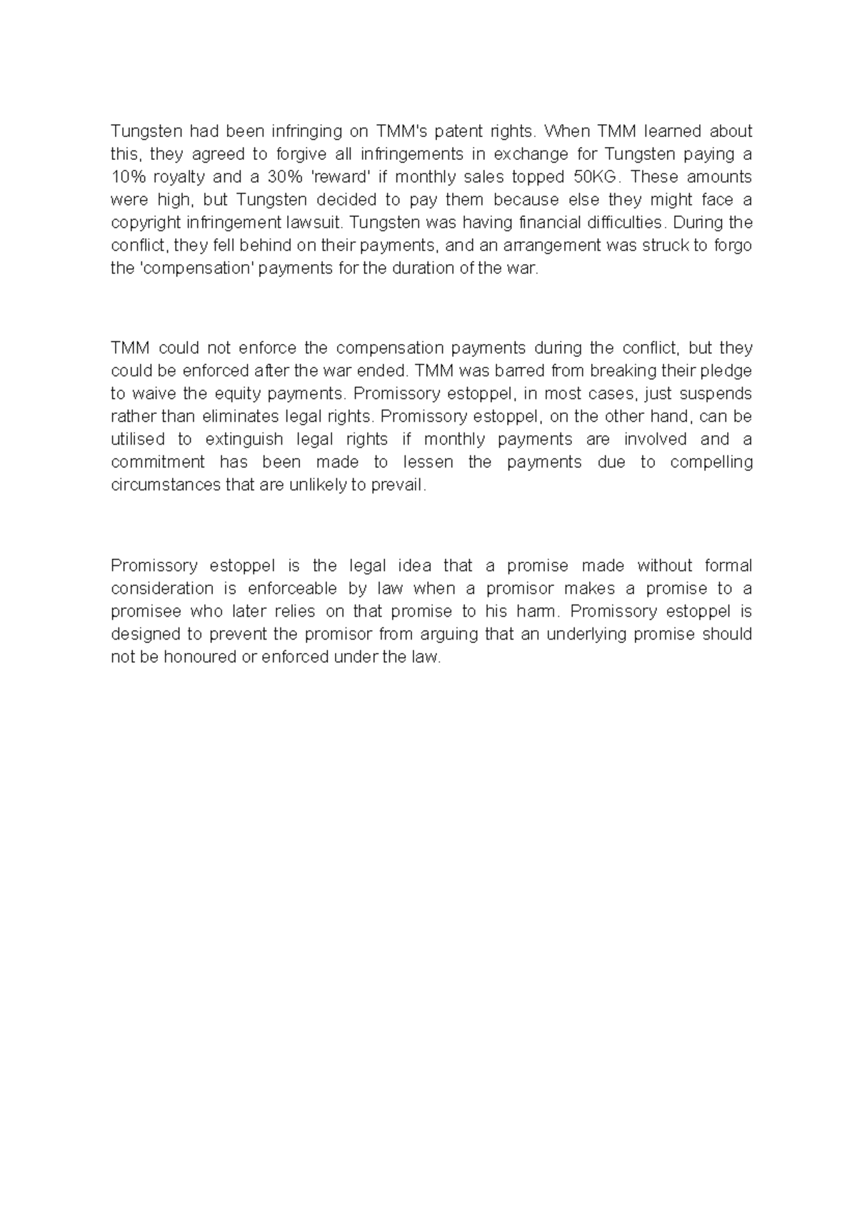 Promissory estoppel example case Tungsten had been infringing on TMM