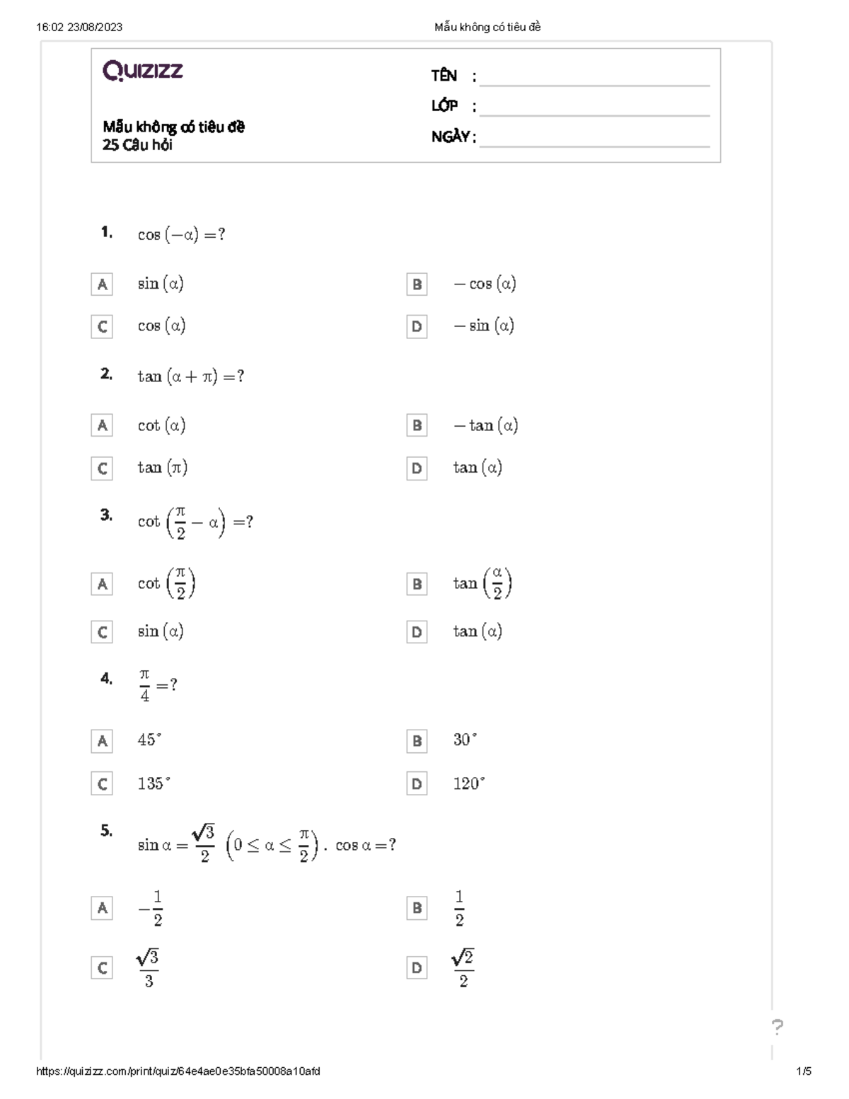 Kiểm tra - math - M 25 ẫ uCâu không hỏi có tiêu đề TÊN : LỚP : NGÀY : A ...