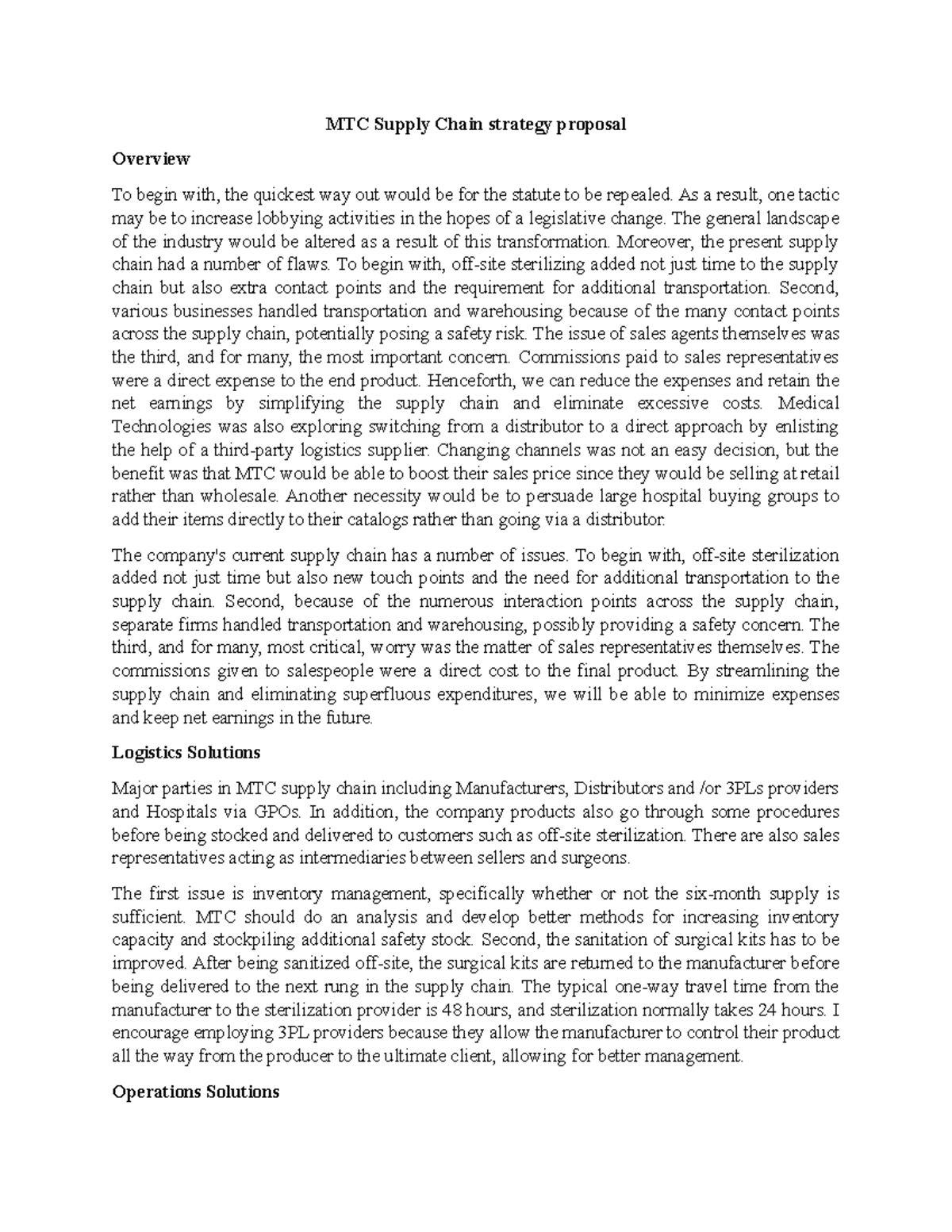 MTC Supply Chain Strategy Proposals - MTC Supply Chain strategy ...