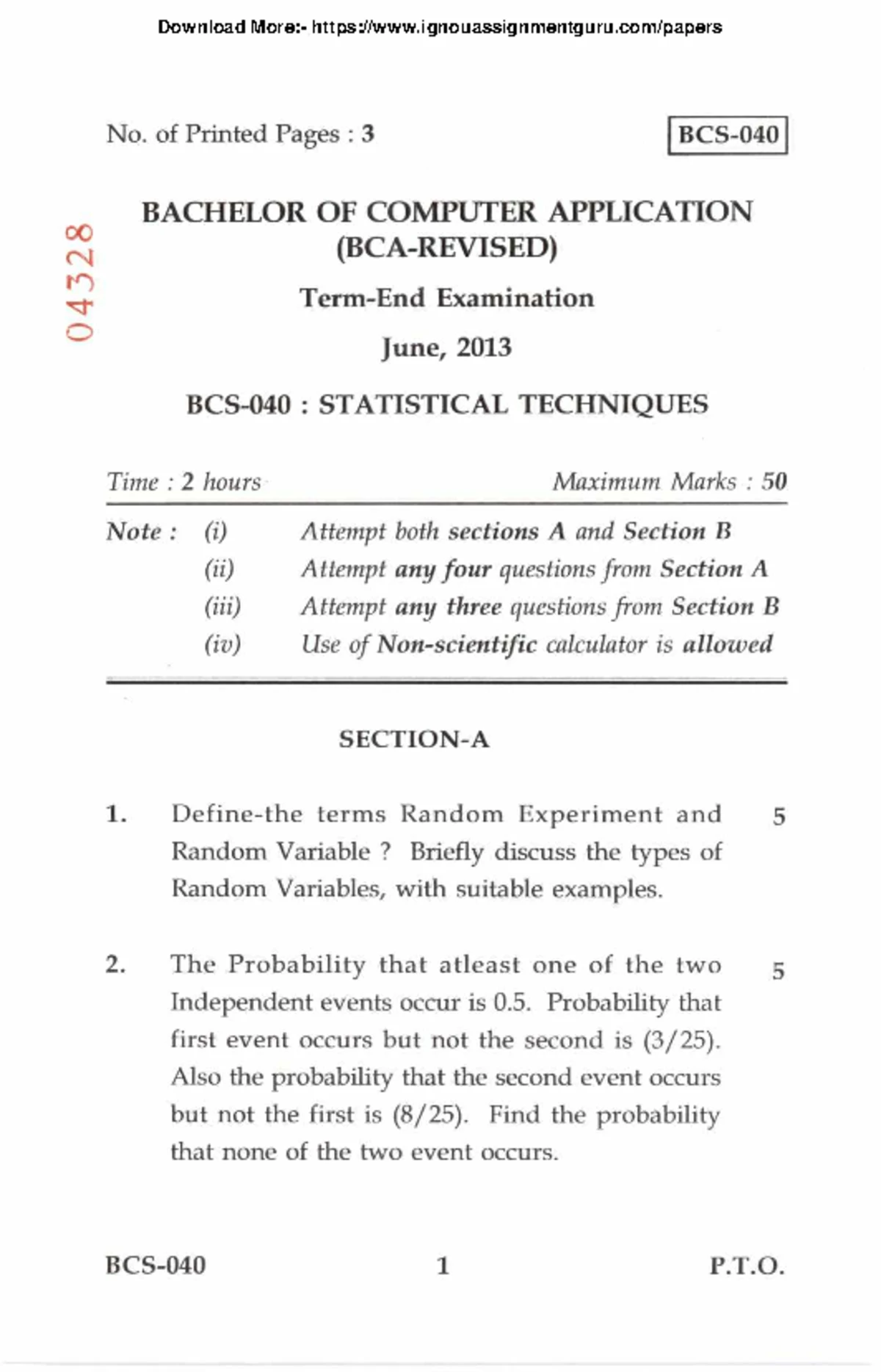 BCS 012 previous year question papers by ignouassignmentguru - No. of ...