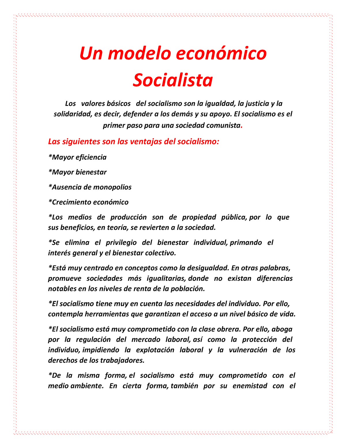 Un modelo económico Socialista - Un modelo econÛmico Socialista Los valores  b·sicos del socialismo - Studocu