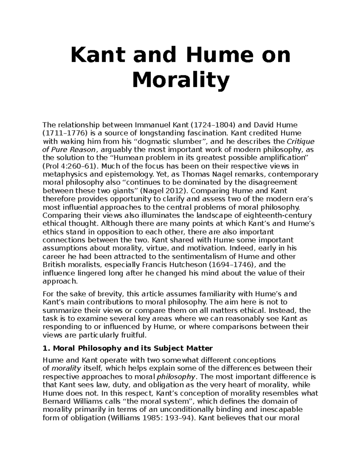 Lecture on Kant and Hume on Morality Kant and Hume on Morality The