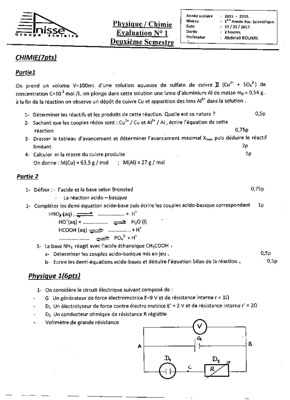Devoir 1 modele 9 physique chimie 1er bac semestre 2 3 - Mathématiques ...