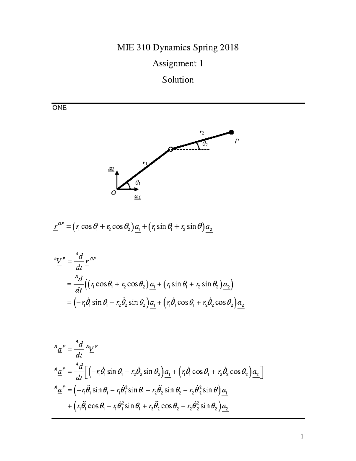 Assignment 1 - Solution - MIE 310 Dynamics Spring 2018 Assignment 1 ...