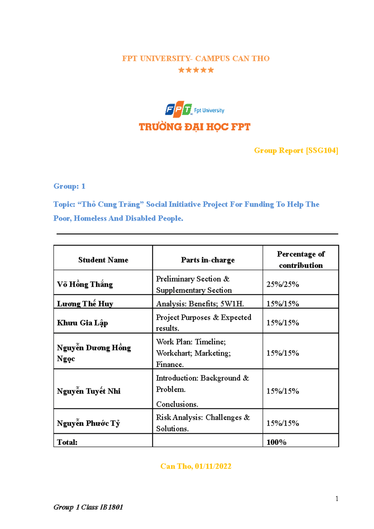 SSG104 Group Project IB1801 Group 1 - ####### FPT UNIVERSITY- CAMPUS ...