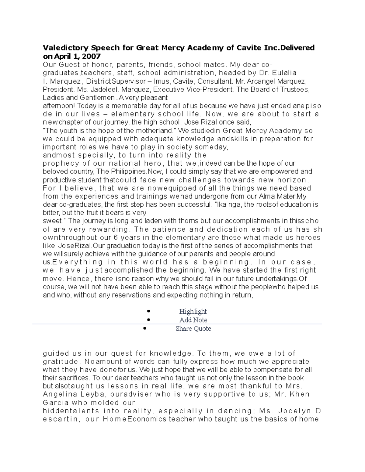 Grad speech - Valedictory Speech for Great Mercy Academy of Cavite Inc