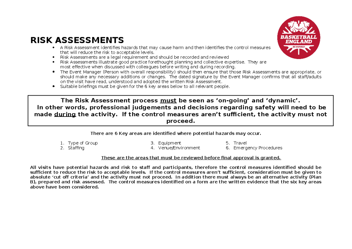 Basketball england risk assessment june 2018 - RISK ASSESSMENTS A Risk ...