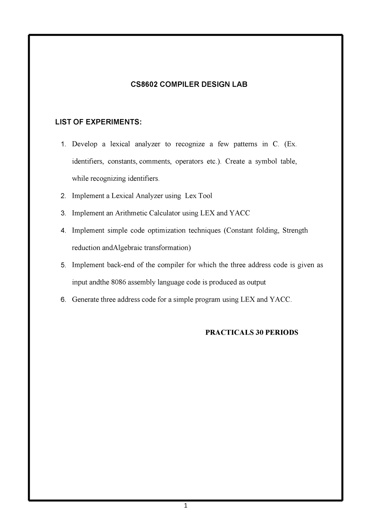 Compiler lab manual CS8602 COMPILER DESIGN LAB LIST OF