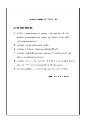 Compiler lab manual CS8602 COMPILER DESIGN LAB LIST OF