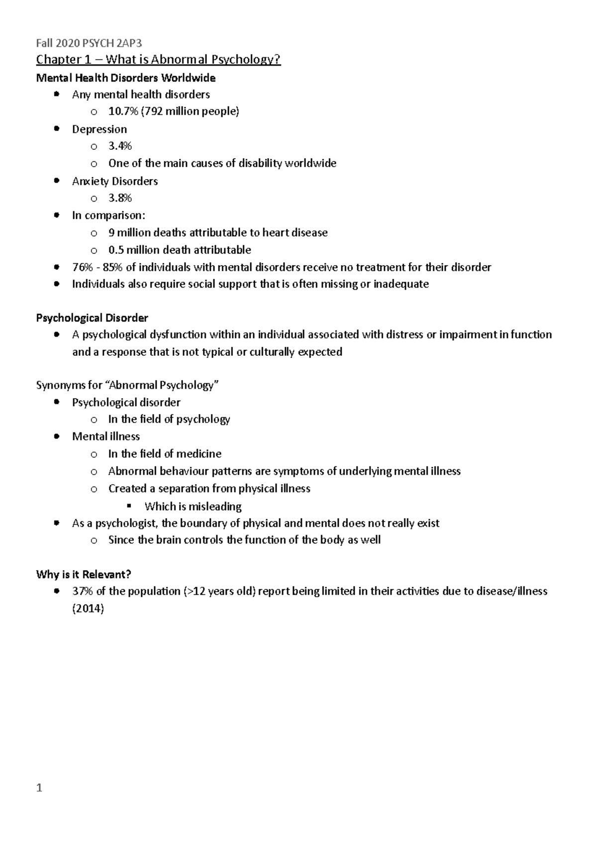 Psych 2AP3 Full Notes - Chapter 1 – What is Abnormal Psychology? Mental ...