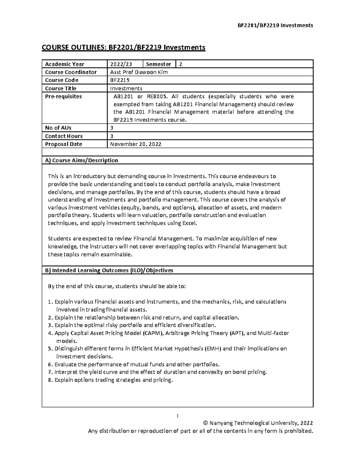 Rgn FML-co BF2219 - 1 © Nanyang Technological University, 2022 COURSE ...