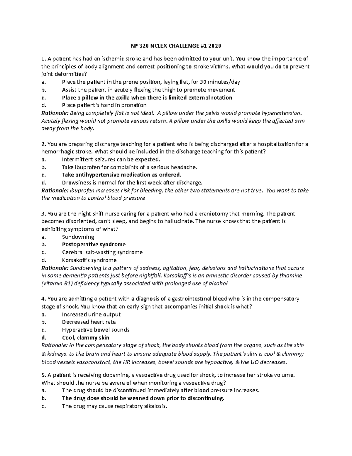 Nclex questions with rationale NF 320 NCLEX CHALLENGE 1 2020 A