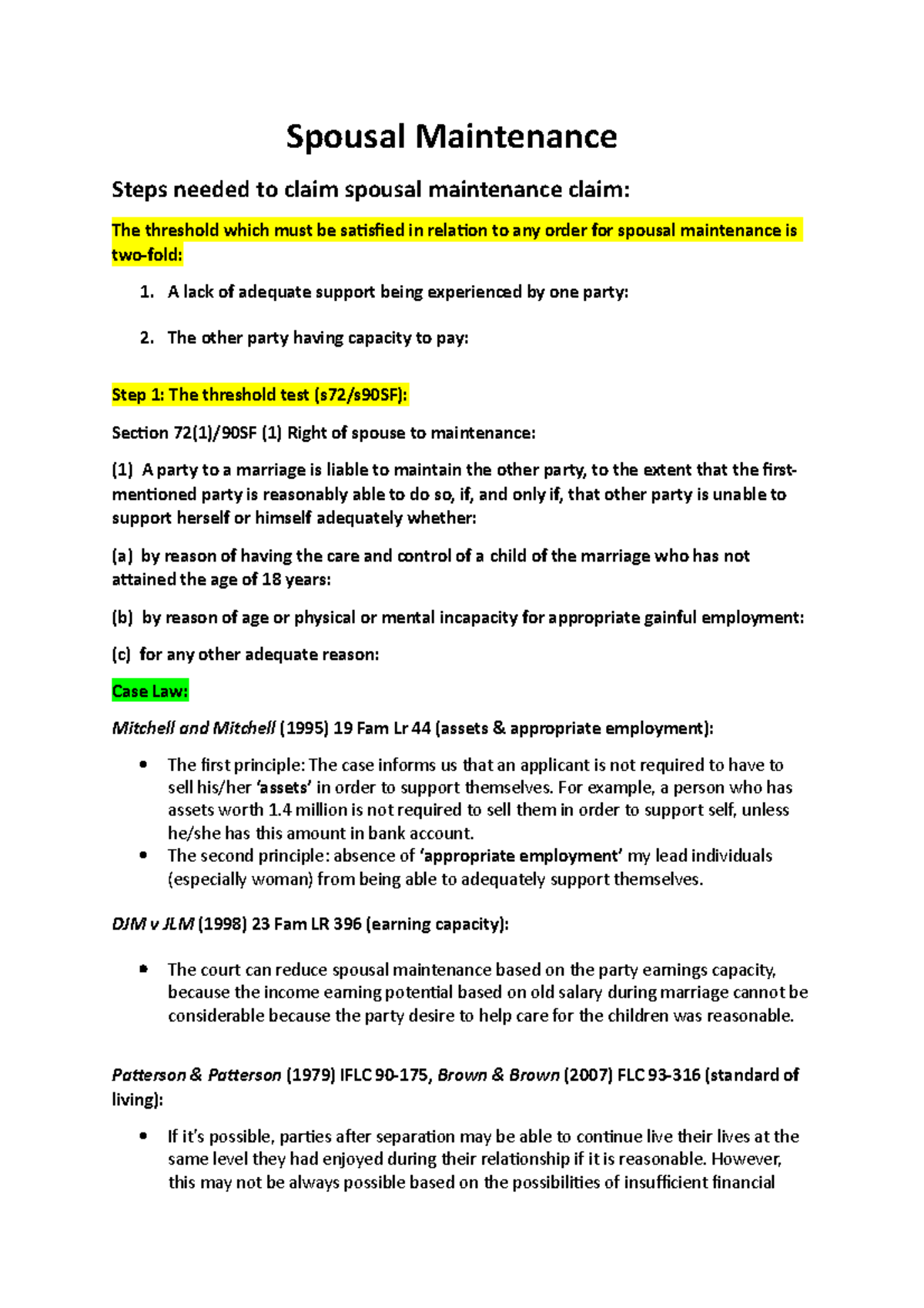 1 - Exam Notes On Family Law Spousal Maintenance - Spousal Maintenance ...