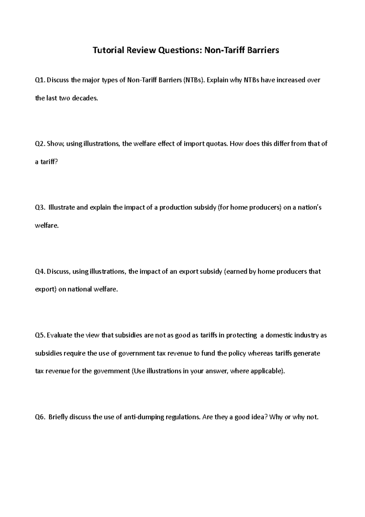 Non tariff barriers questions Tutorial Review Questions NonTariff