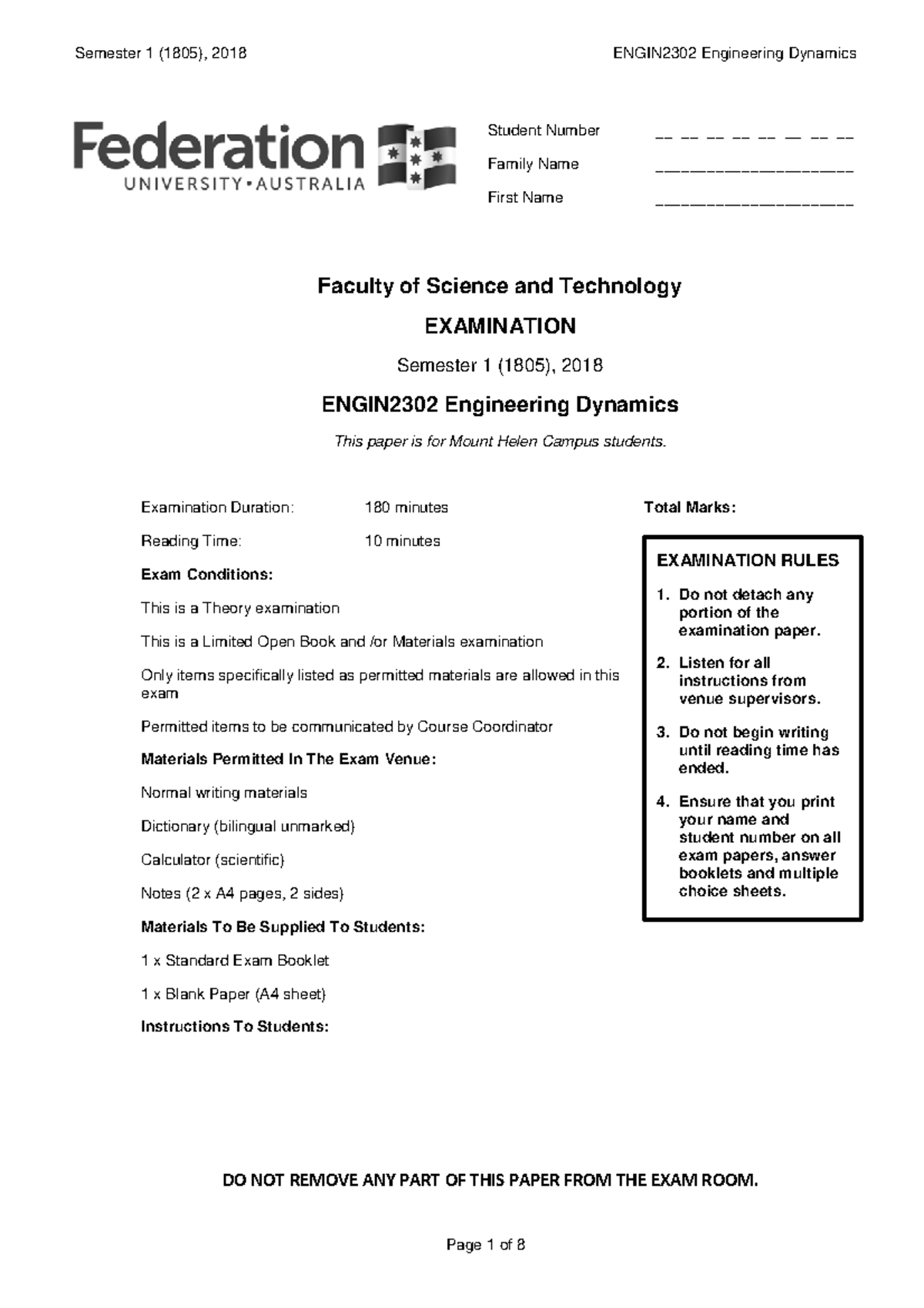 2018 Sem1 - ENGIN2302 - Engineering Dynamics - Faculty of Science and ...