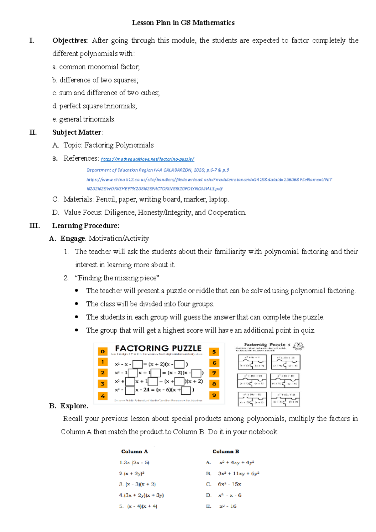 Lesson PLAN IN G8 Mathematics - Lesson Plan in G8 Mathematics I ...