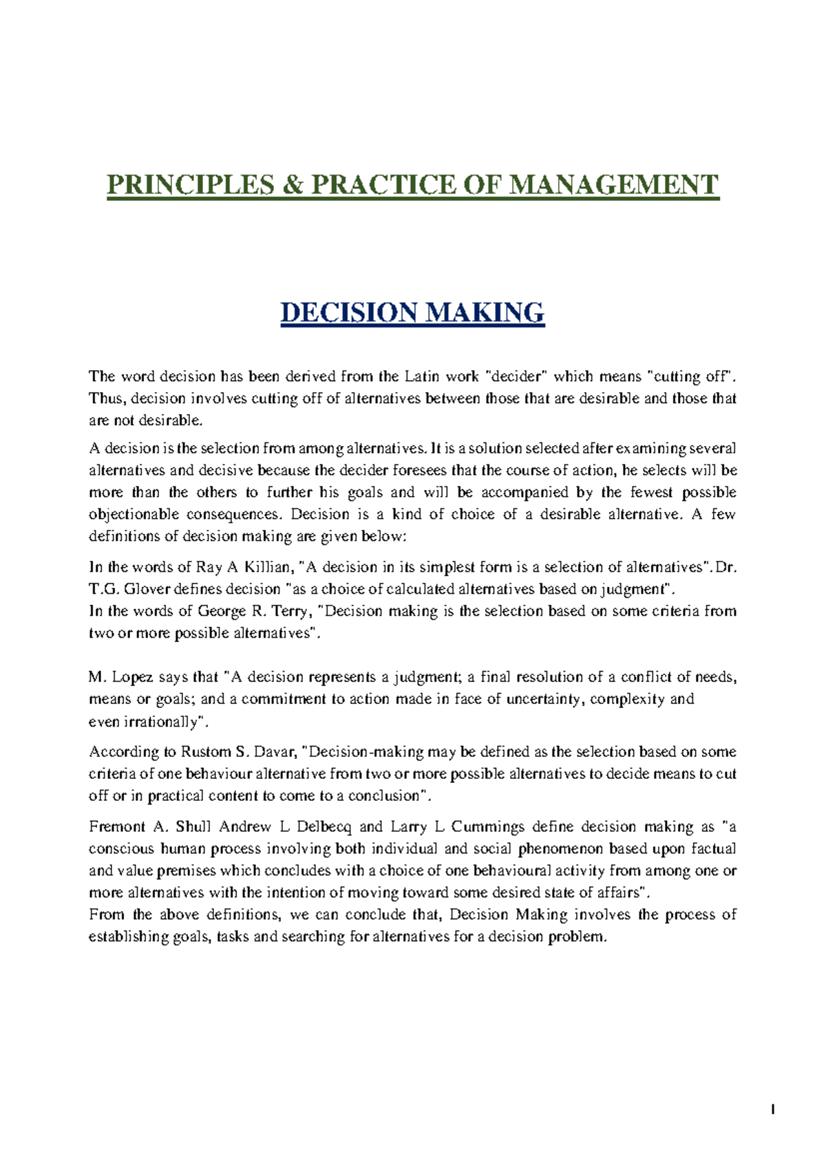 MBA Principal and practices of management Decision Making semester 1st ...