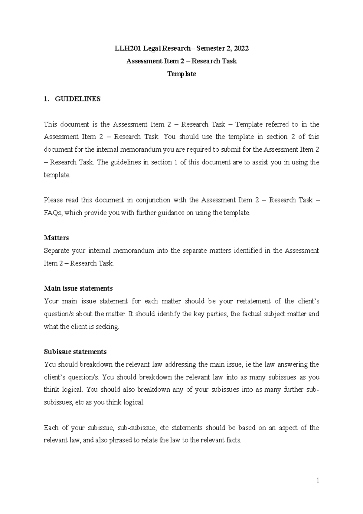 Assessment Item 2 - Research Task - Template - LLH201 Legal Research ...