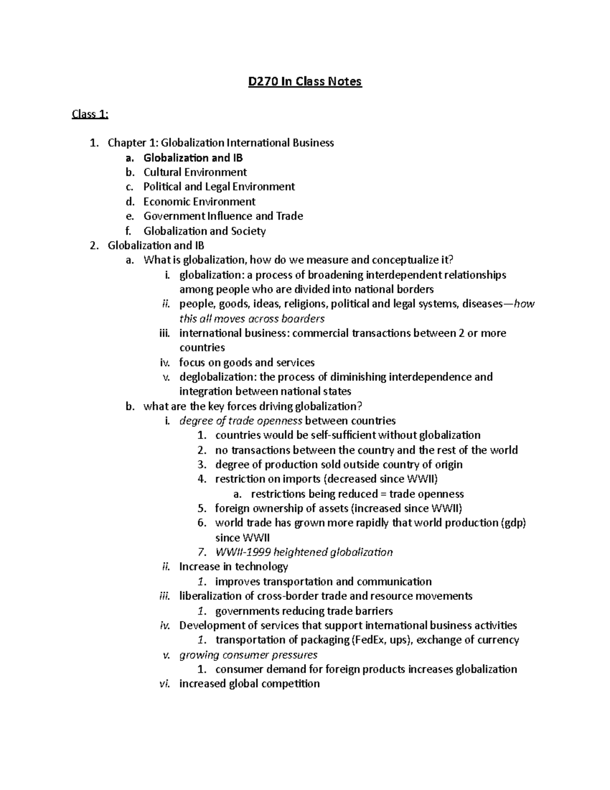 D270Class Notes - D270 In Class Notes Class 1: Chapter 1: Globalization ...