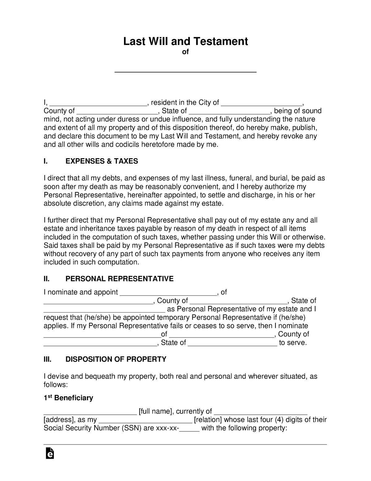 Last will and testament template - Last Will and Testament of