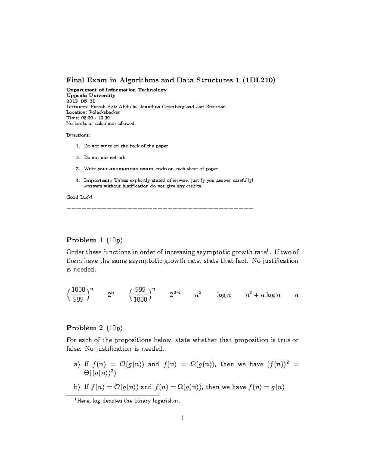 Exam 20 August 2013, questions - Algoritmer och datastrukturer i ...