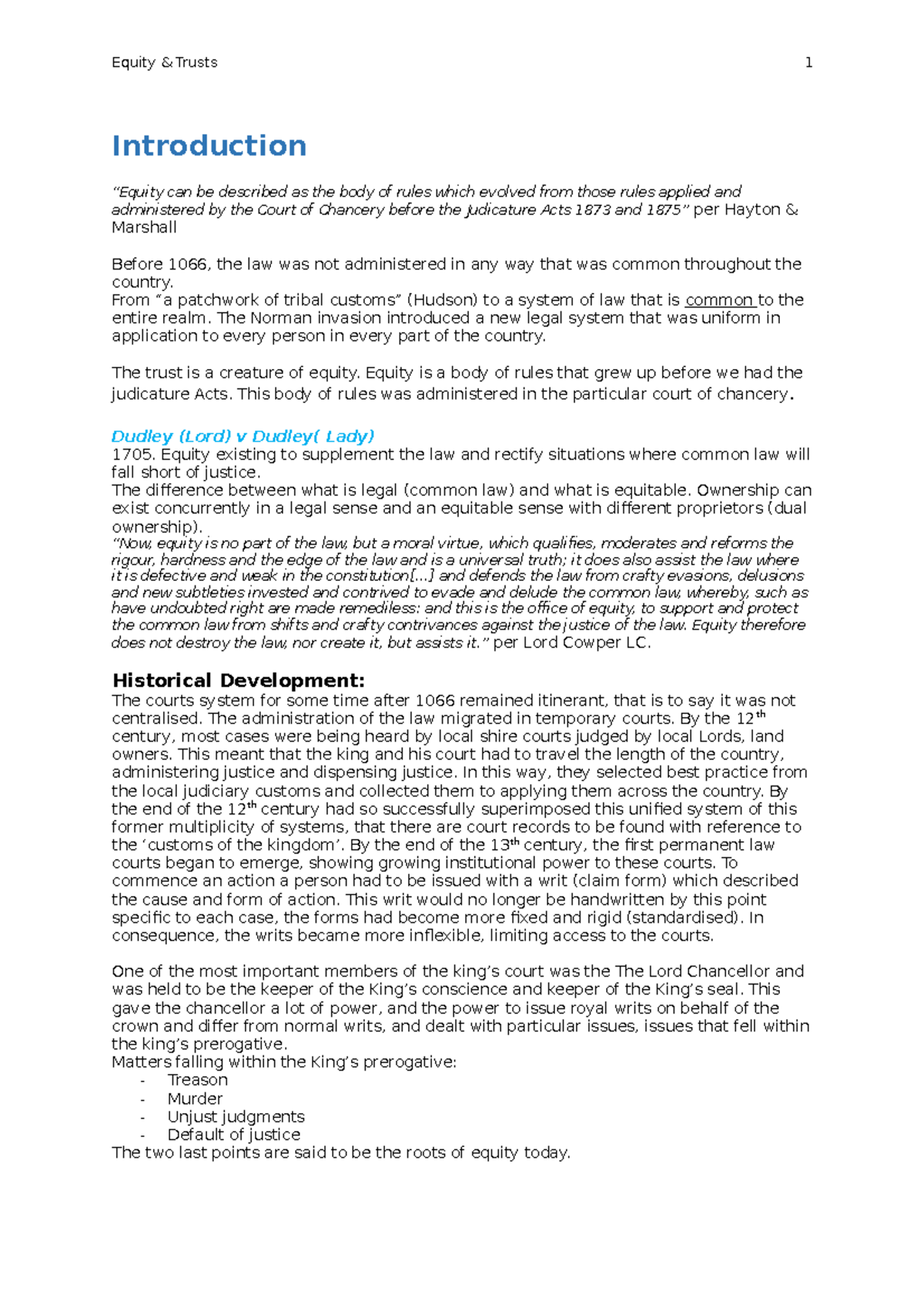 Equity & Trusts Notes - Equity &amp; Trusts 1 Introduction “Equity can ...
