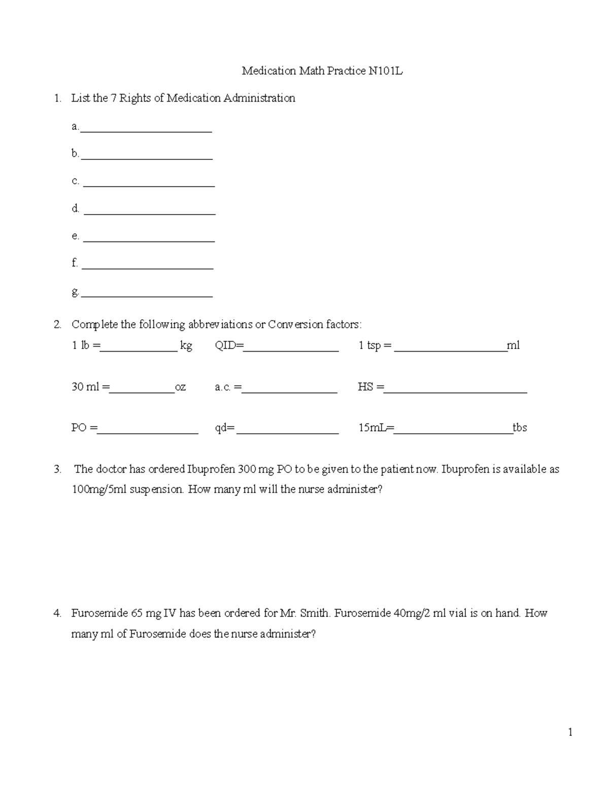 Medication Math Practice 4 - ______________________ b