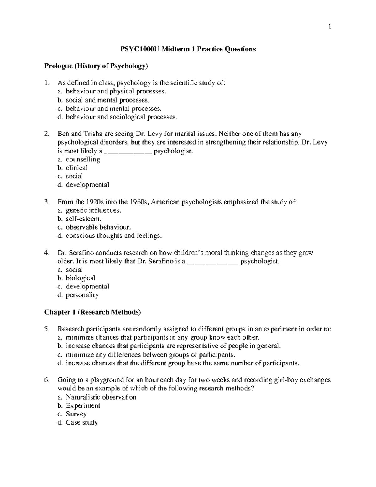 PSYC 1000U Midterm 1 Practice Questions - PSYC1000U Midterm 1 Practice ...