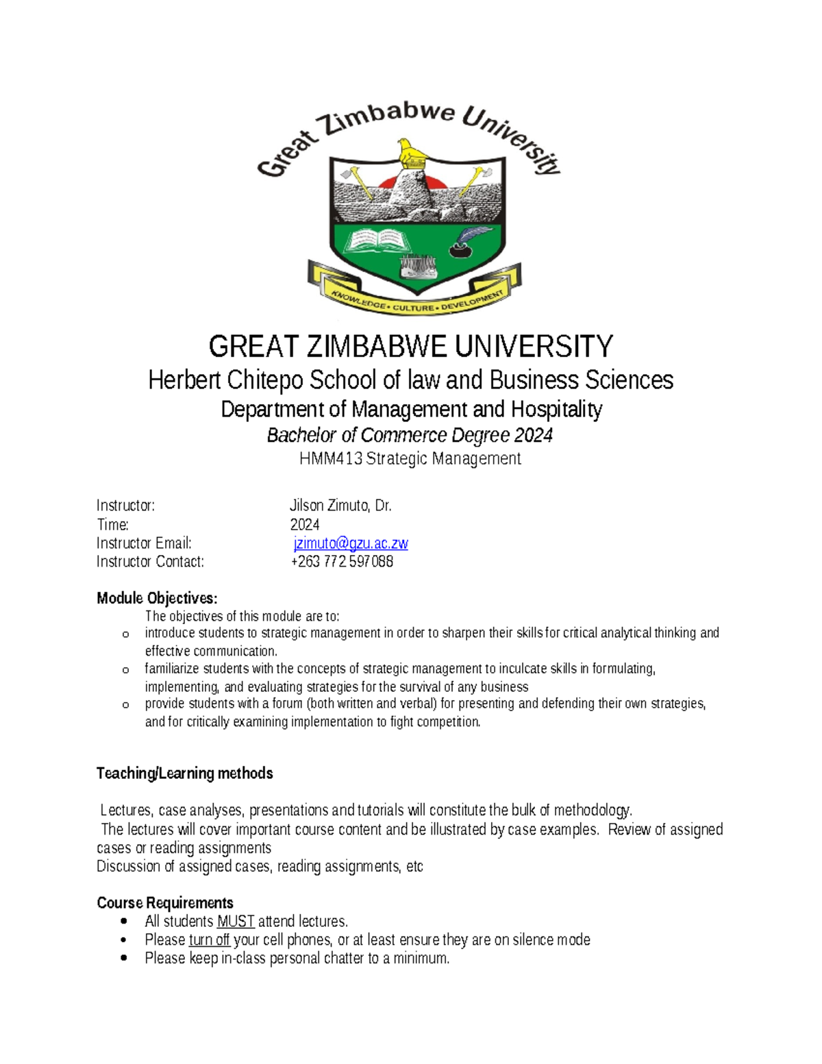 HMM413 Module Outline - GREAT ZIMBABWE UNIVERSITY Herbert Chitepo