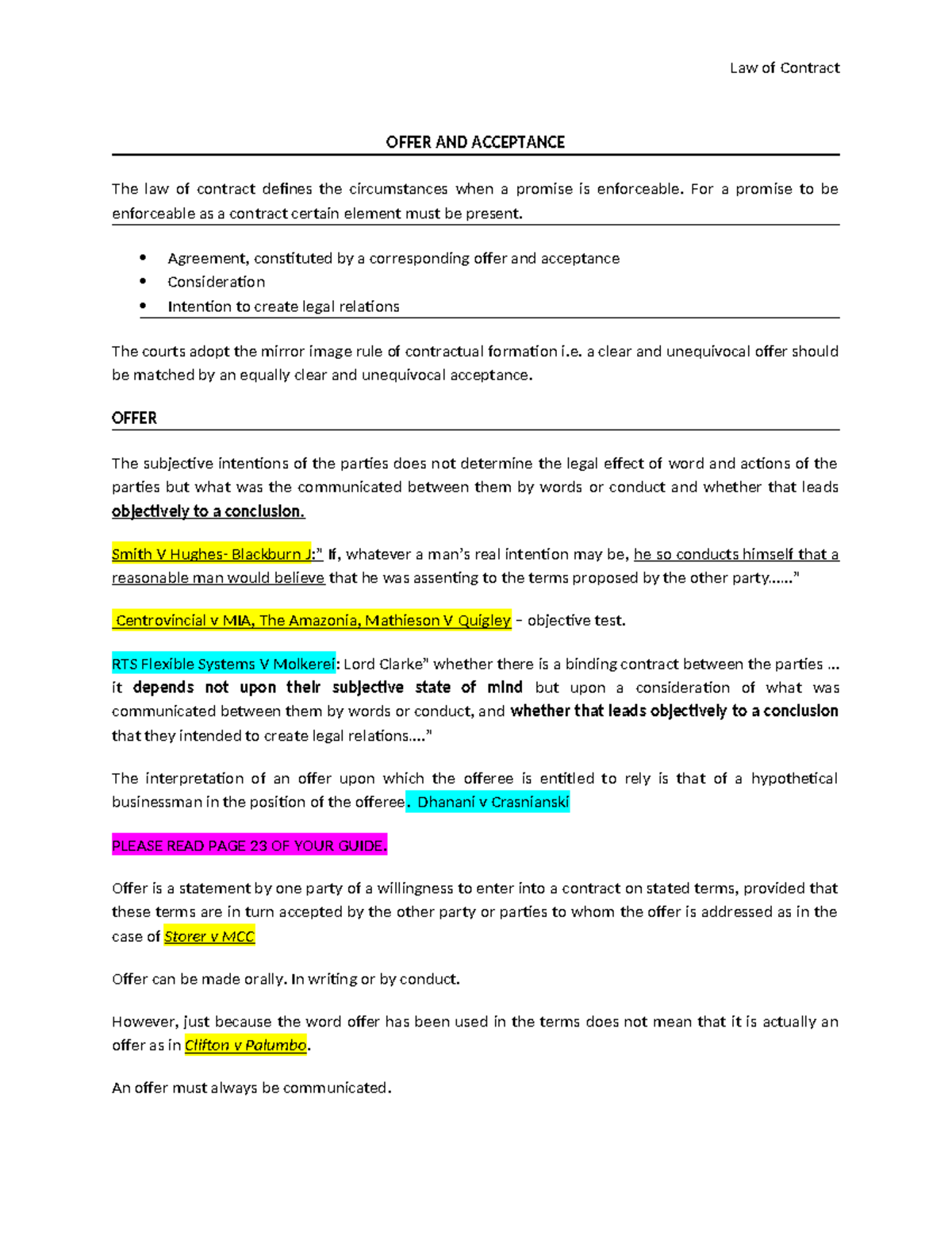 Offer AND Acceptance cases - OFFER AND ACCEPTANCE The law of contract ...
