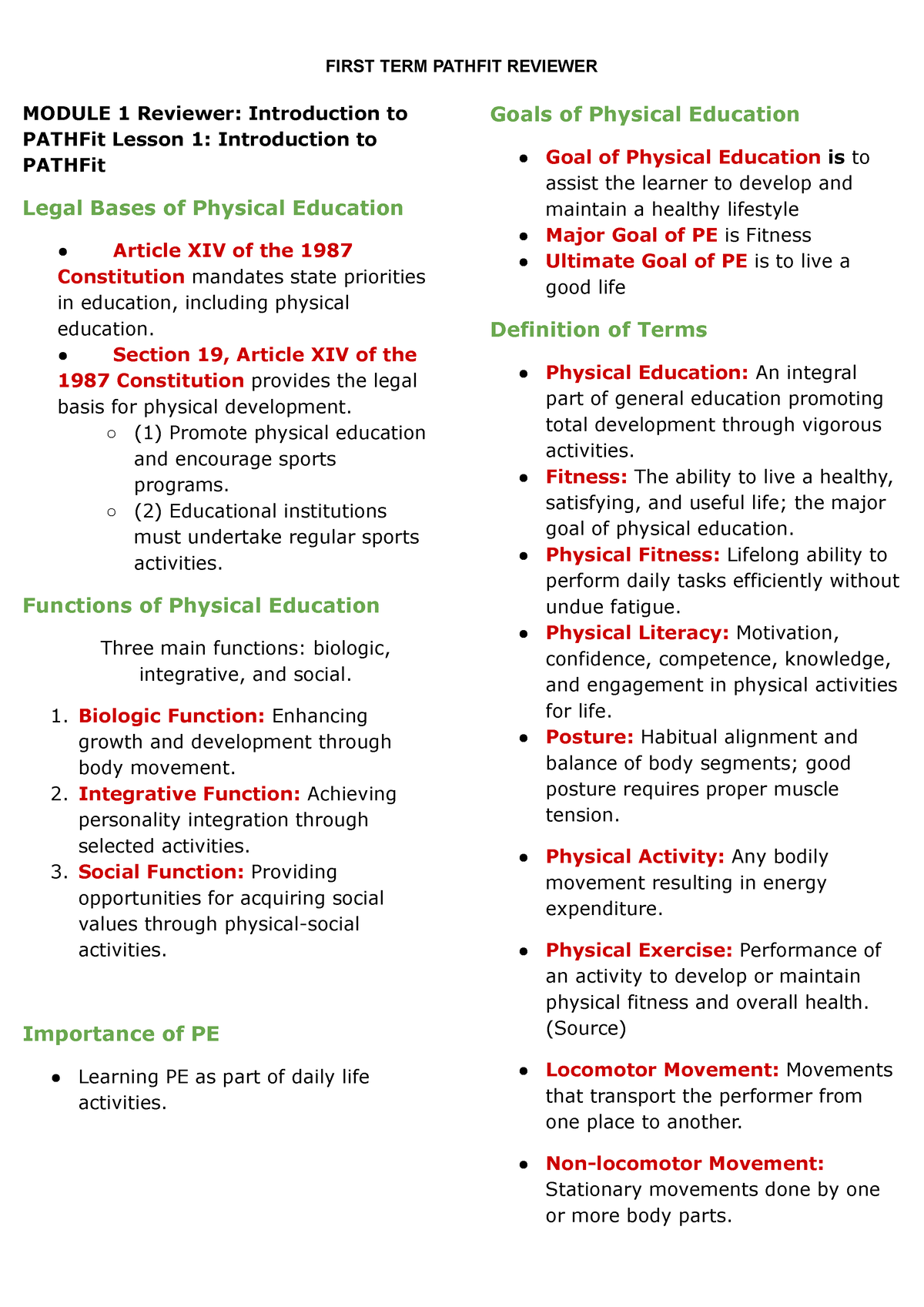 PATHFIT 1st Year - FIRST TERM PATHFIT REVIEWER MODULE 1 Reviewer ...