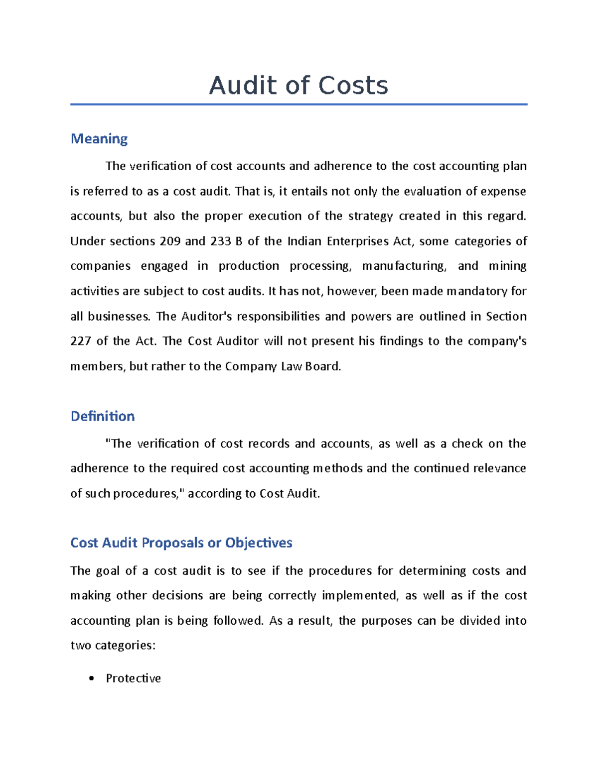 Brief Note on Audit of Costs Audit of Costs Meaning The verification