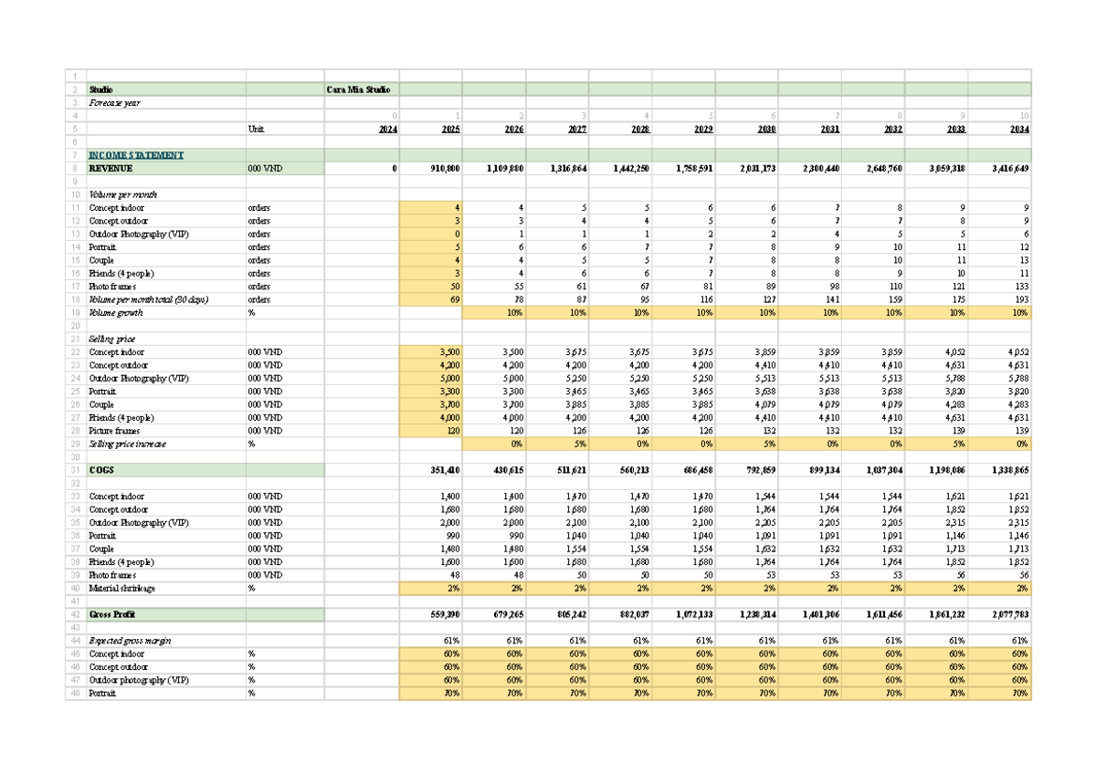 Main financial model - Asumptions for gr asm - 2 Studio Cara Mia Studio ...