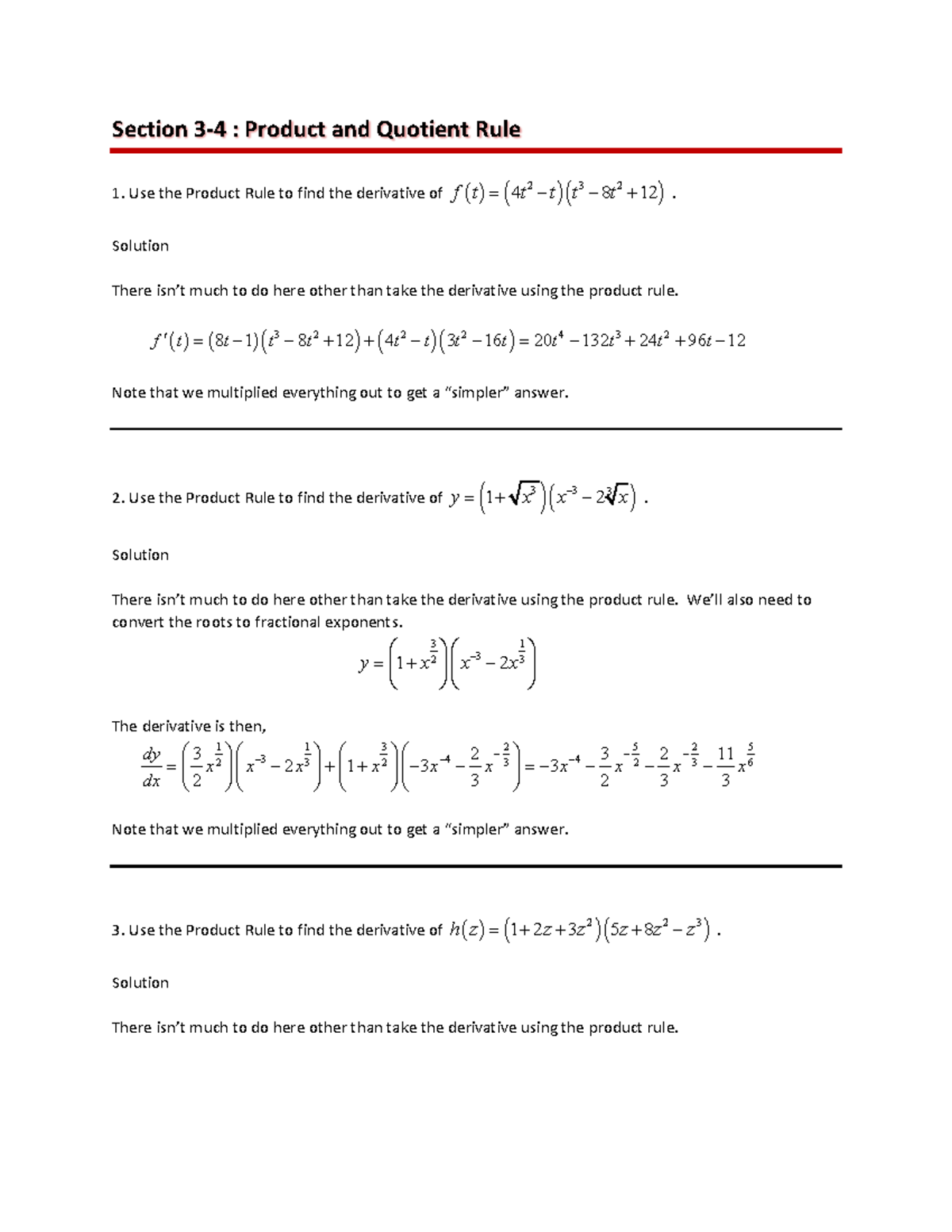 Calc I Product Quotient Rule Solutions - Section 3-4 : Product and ...