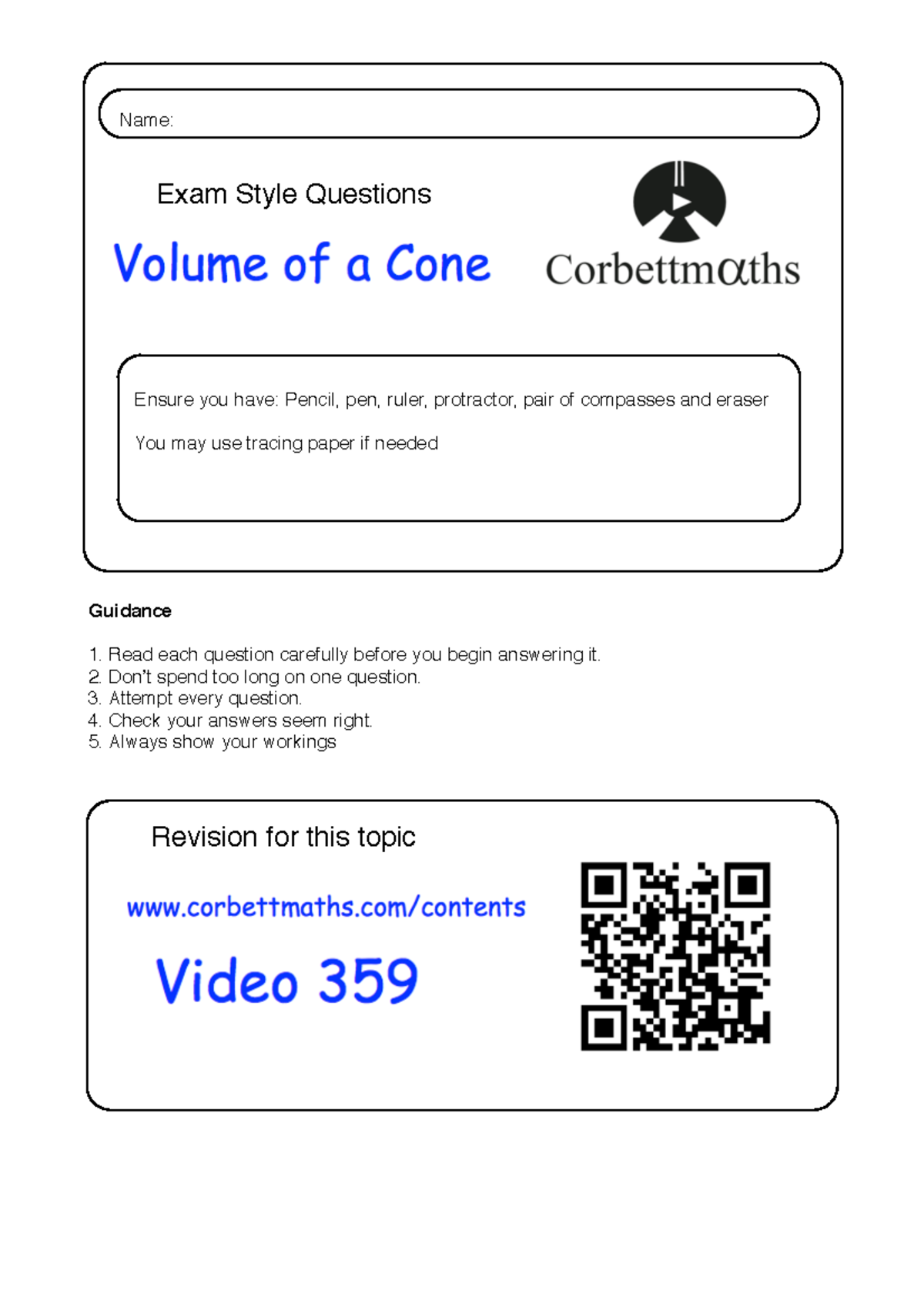 Volume of a cone pdf - Information summary - Name: Exam Style Questions ...