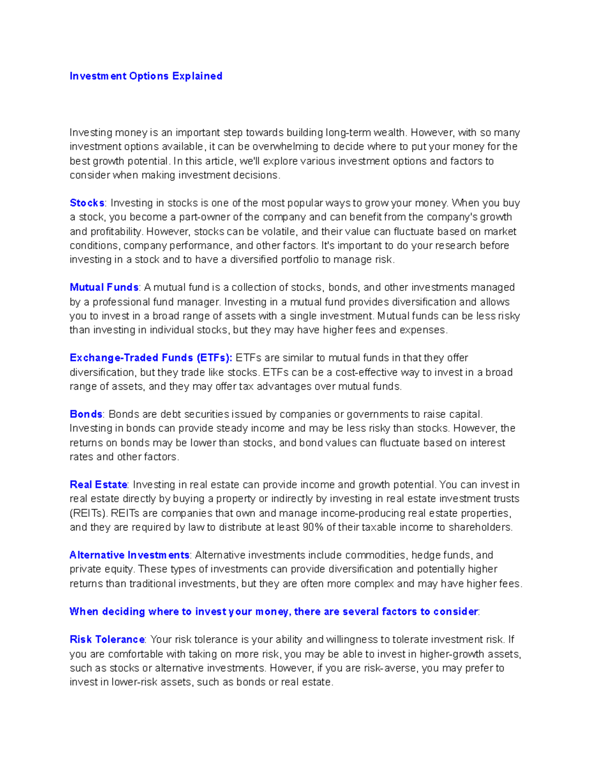 Investment Options Explained - Investment Options Explained Investing ...