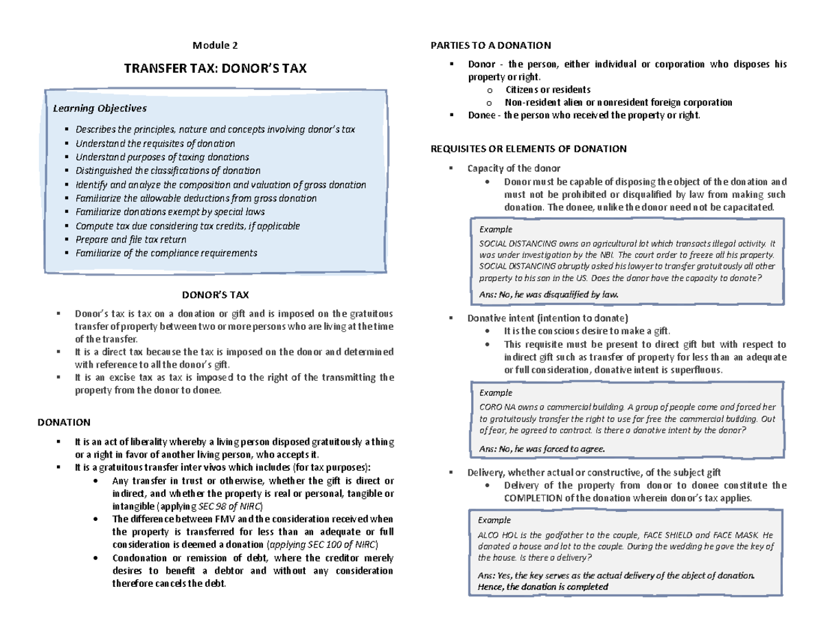 Module 2 Transfer Tax Donor's Tax - Lecture Notes - Module 2 TRANSFER ...