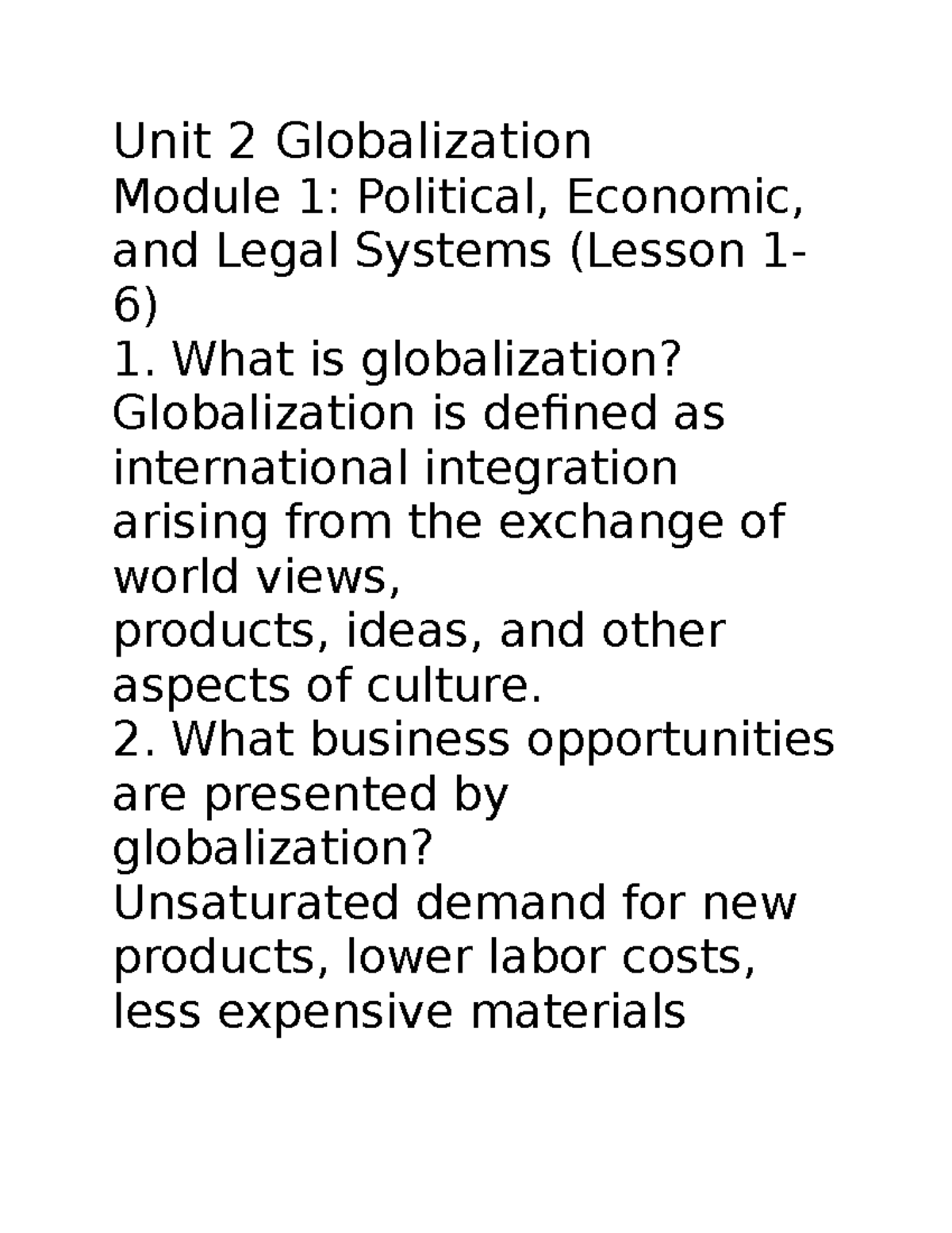 globalization unit 2 written assignment