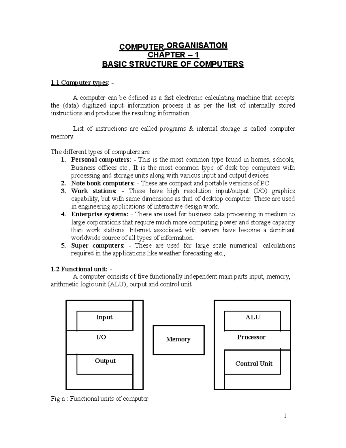 DLD1 - notes - 1 COMPUTER ORGANISATION CHAPTER – 1 BASIC STRUCTURE OF ...