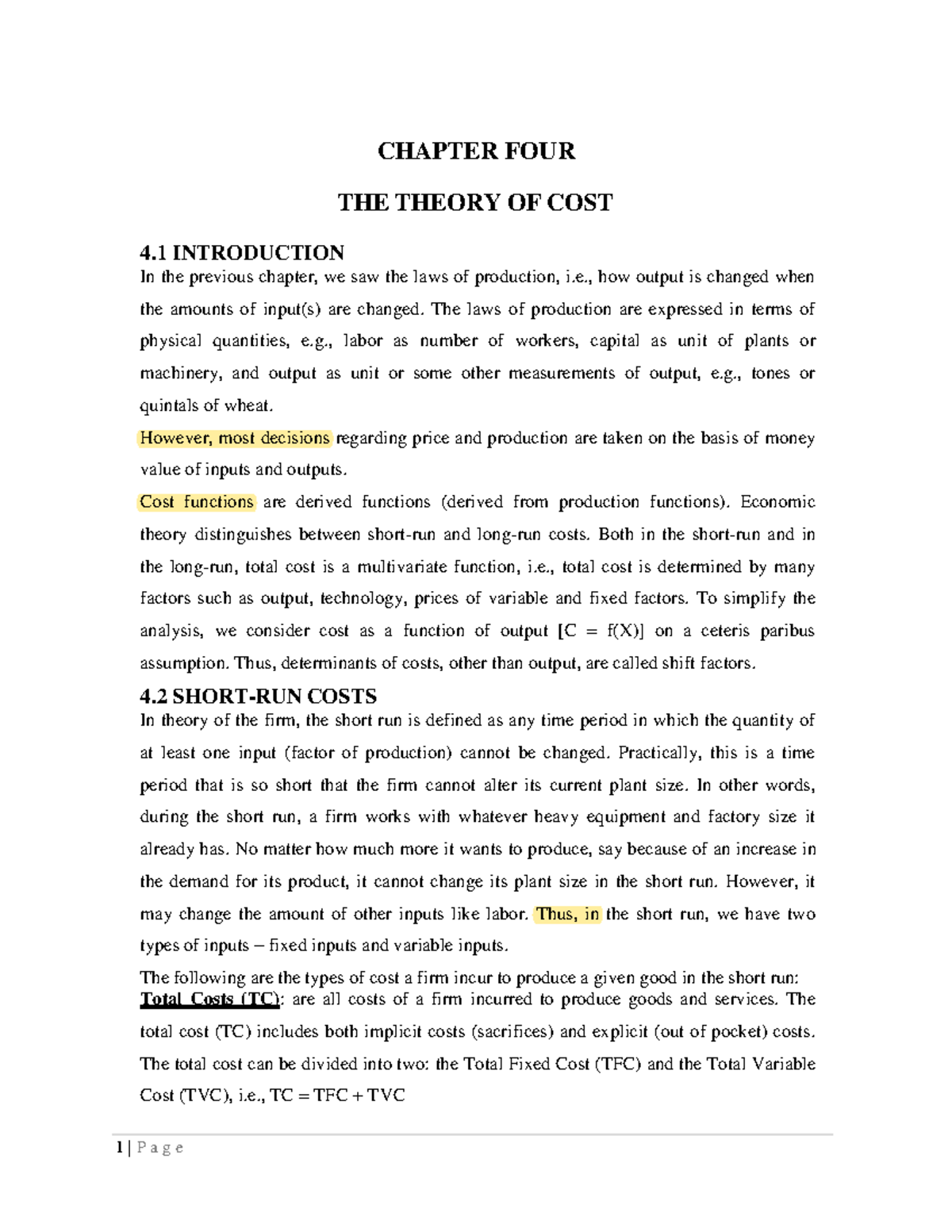 Chapter 4 Full Microeconomics handout - 1 | P a g e CHAPTER FOUR THE ...