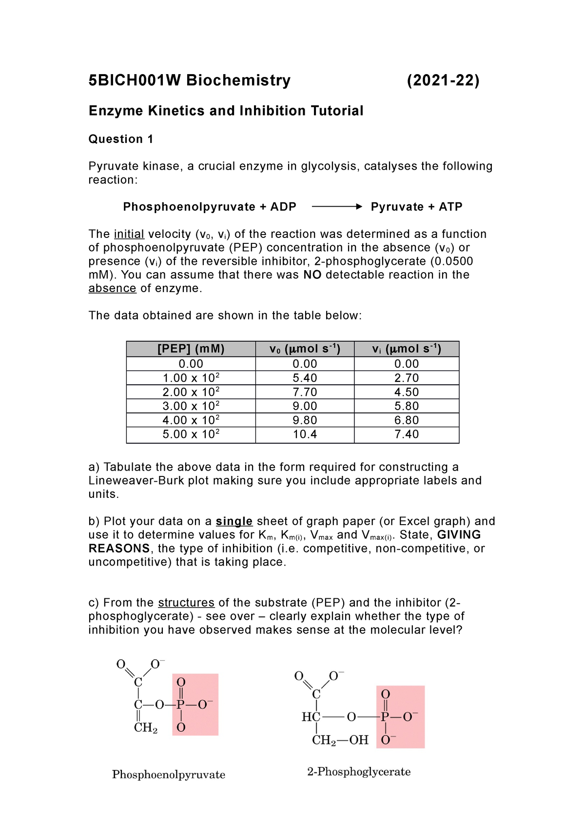 Enzyme Kinetics Tutorial 2021 22 - 5BICH001W Biochemistry (2021-22 ...