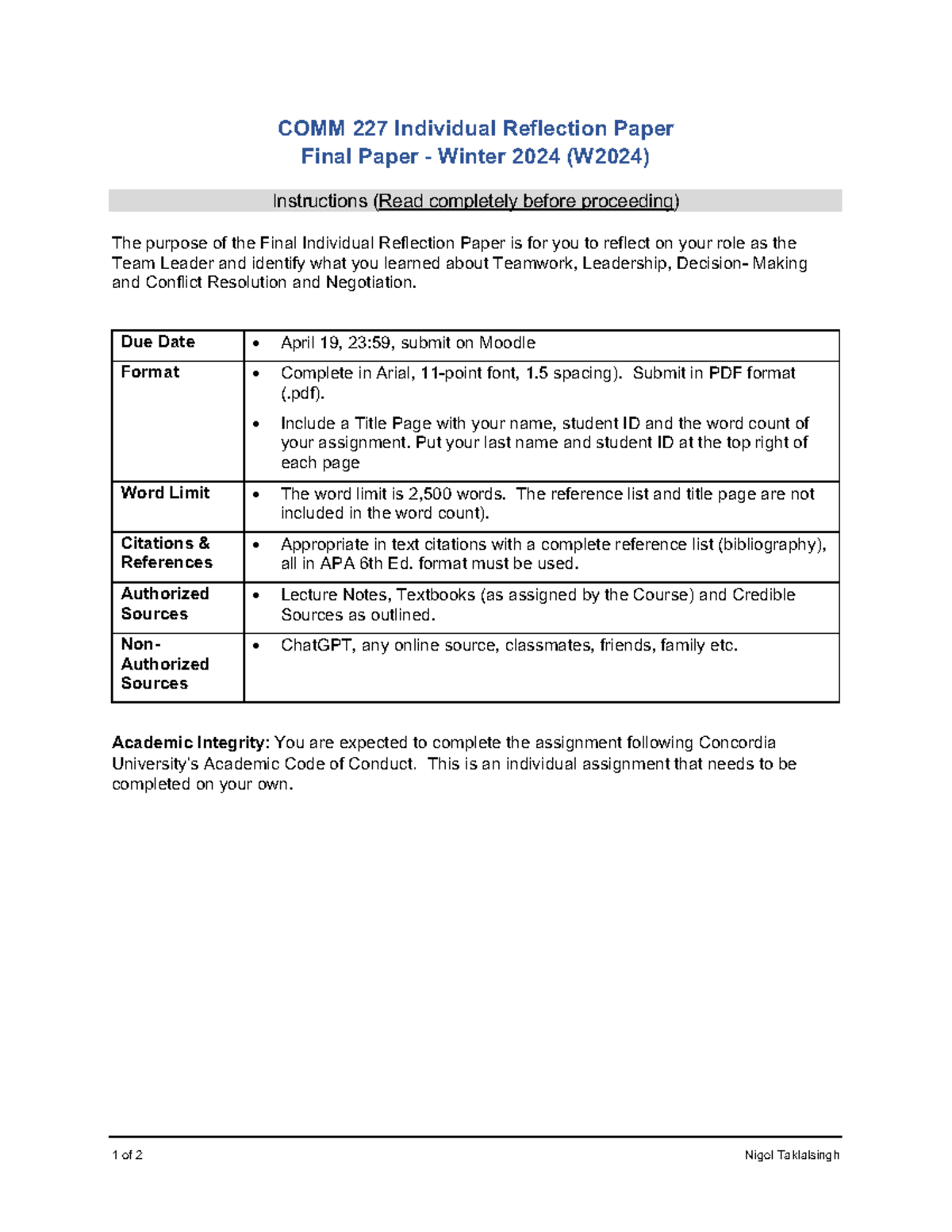 COMM 227 Final Individual Reflection Paper (W2024) v2 - 1 of 2 Nigel ...