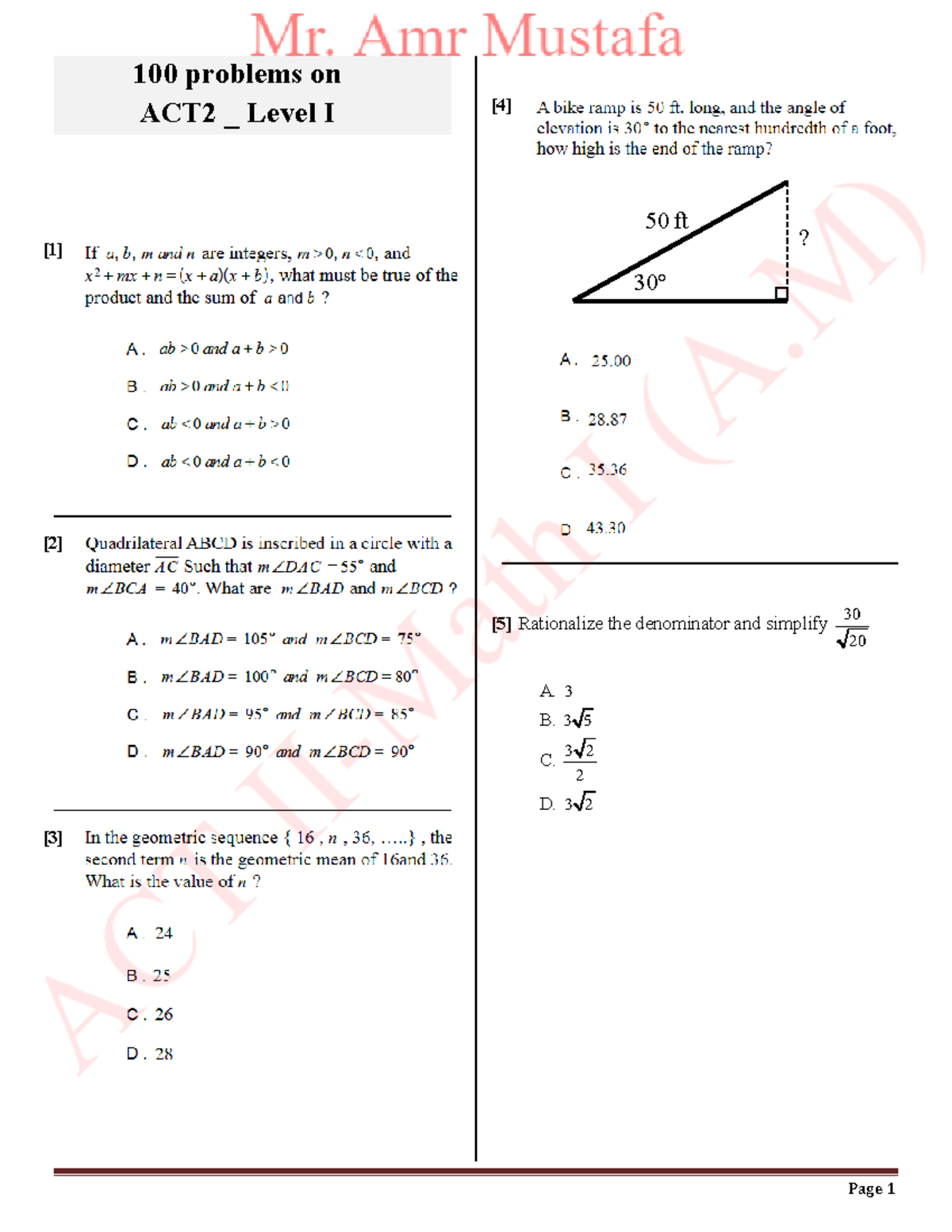 ACT II-Math Level I Part l - [1] [2] [3] I [4] [5] Rationalize the ...