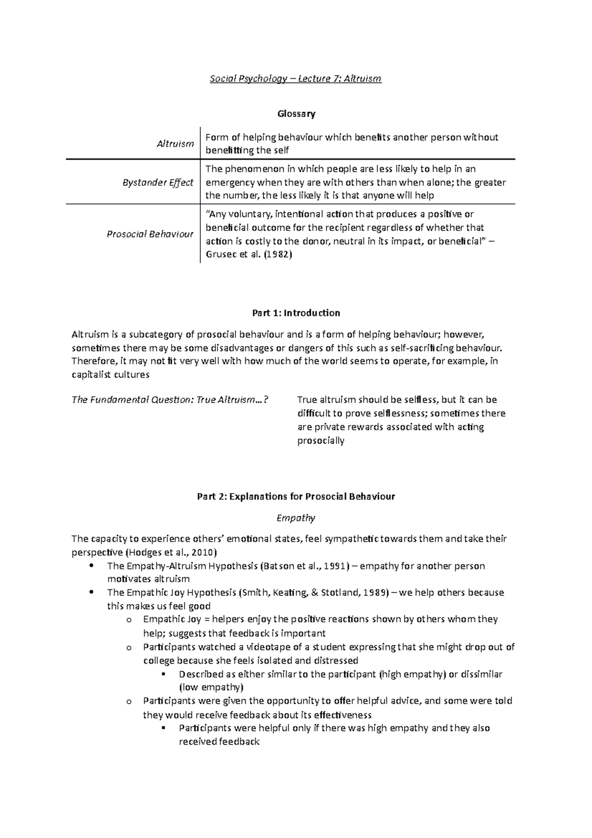 Social Altruism - Social Psychology – Lecture 7: Altruism Glossary ...