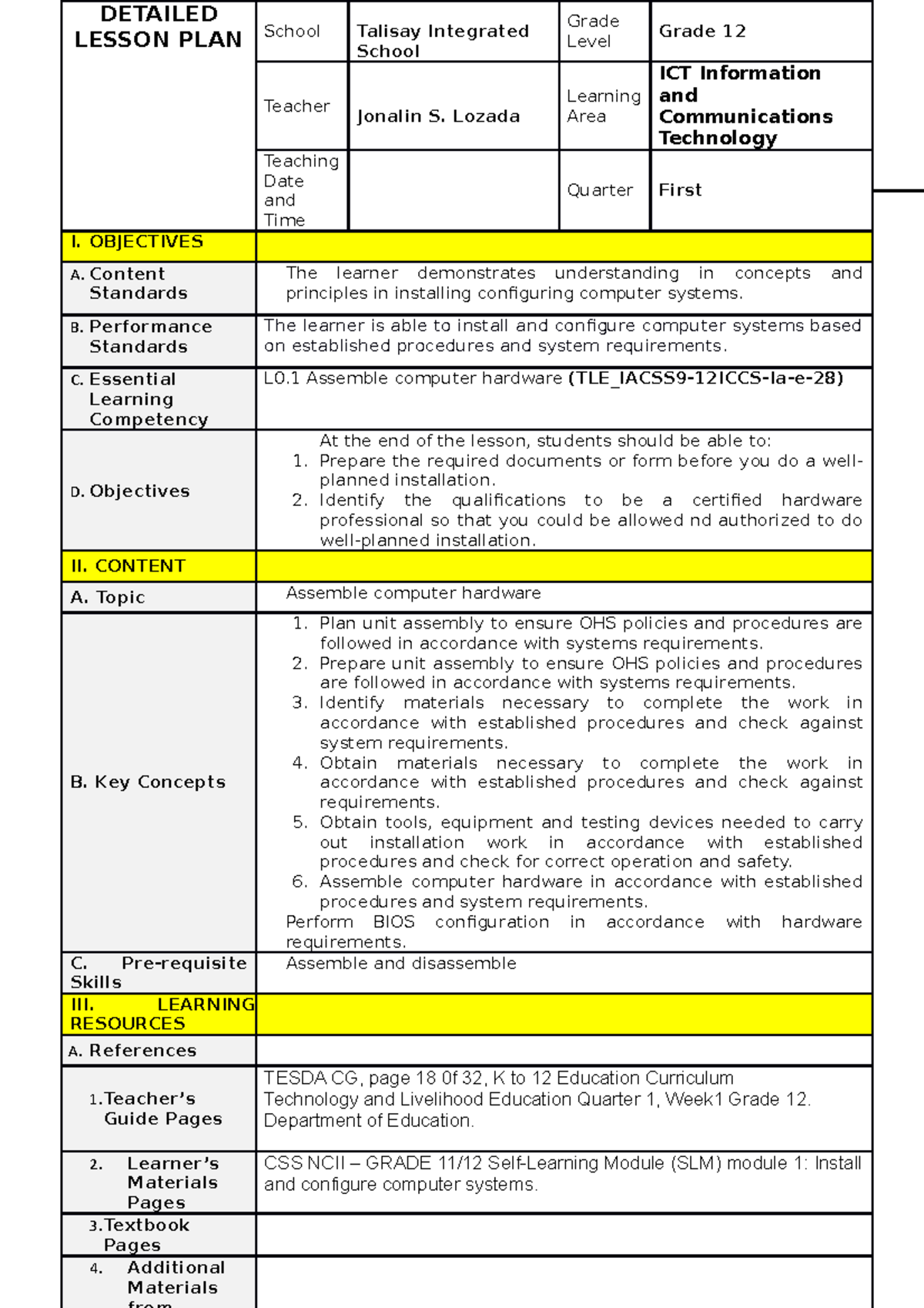 LP. ICT12 job order - lesson plan in css12 - Republic of the ...