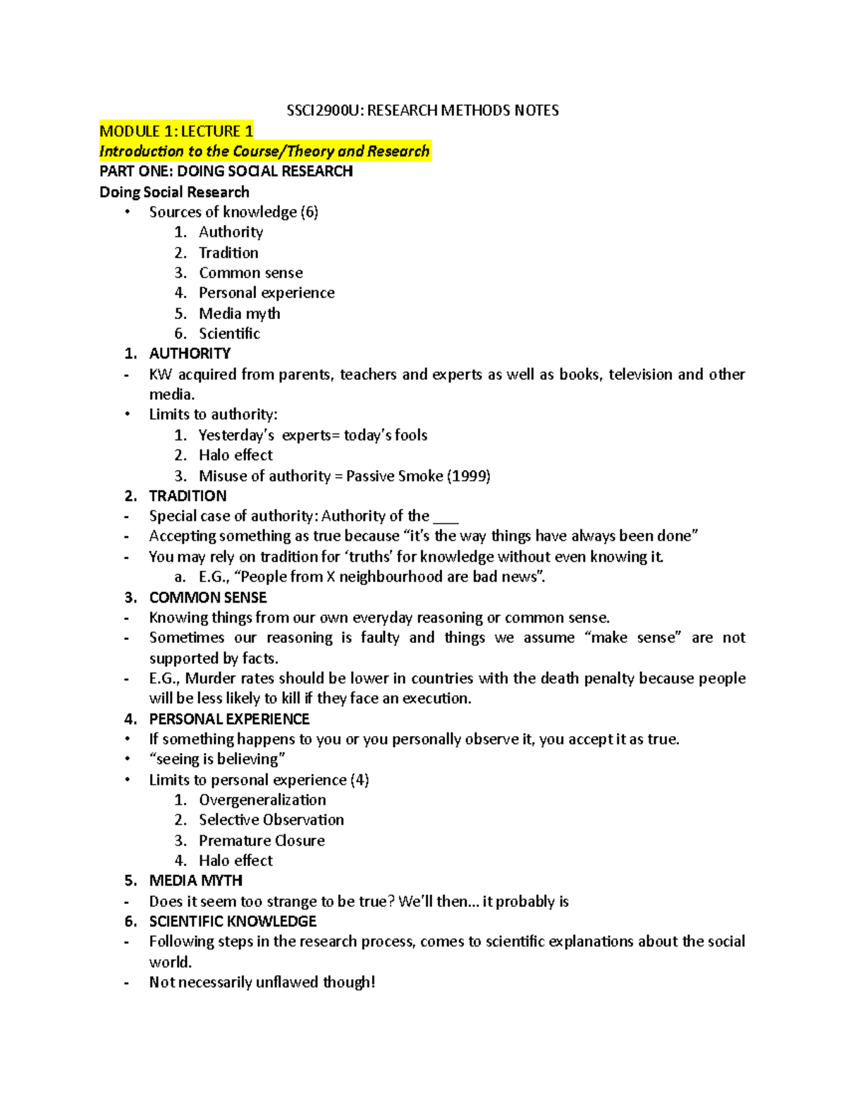 Research Methods Notes SSCI2900U RESEARCH METHODS NOTES MODULE 1