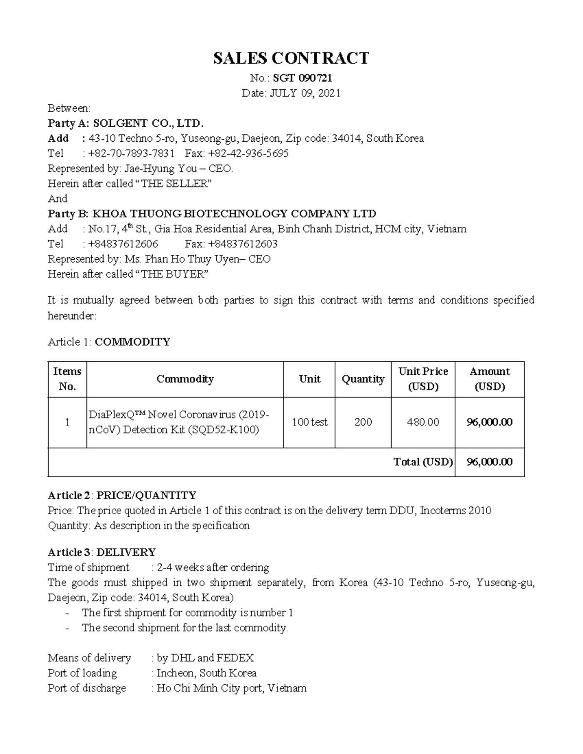 HOP DONG TT SAU - HOP DONG TT SAU - SALES CONTRACT No.: SGT 090721 Date ...