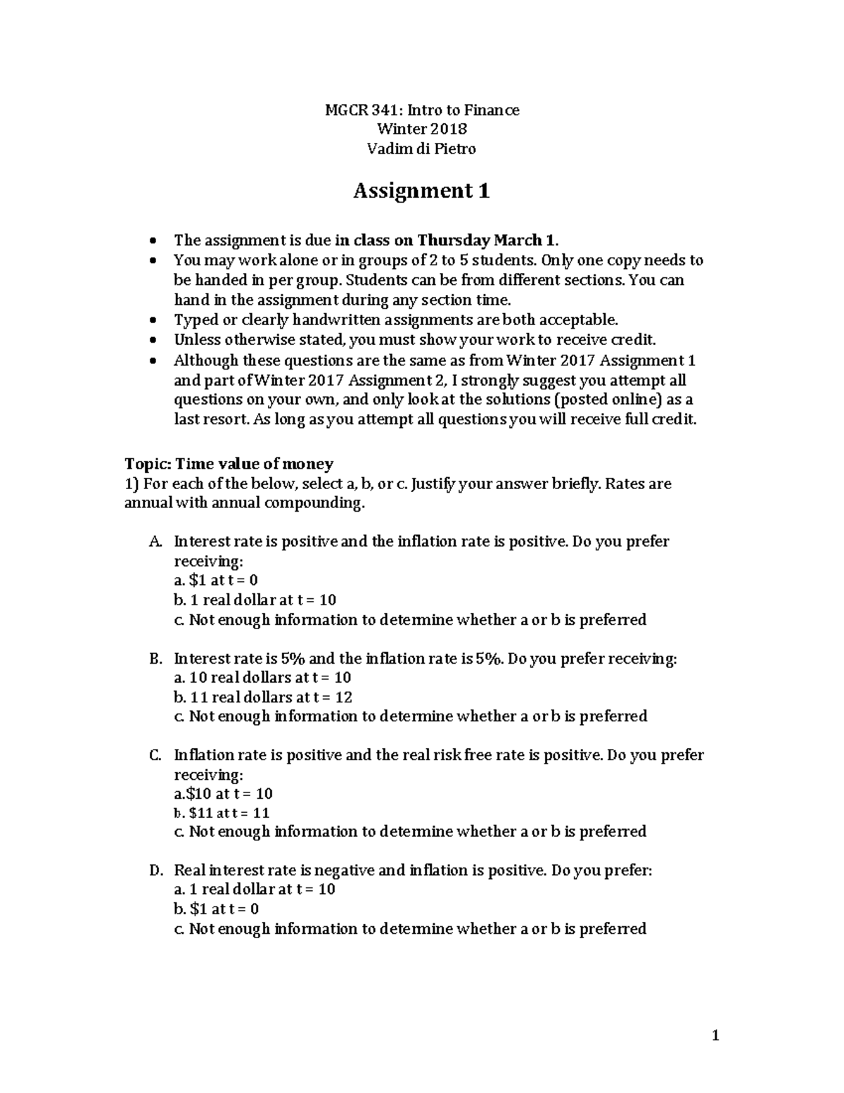 Assignment 1 MGCR 341 Winter 2018 - MGCR 341: Intro to Finance Winter ...