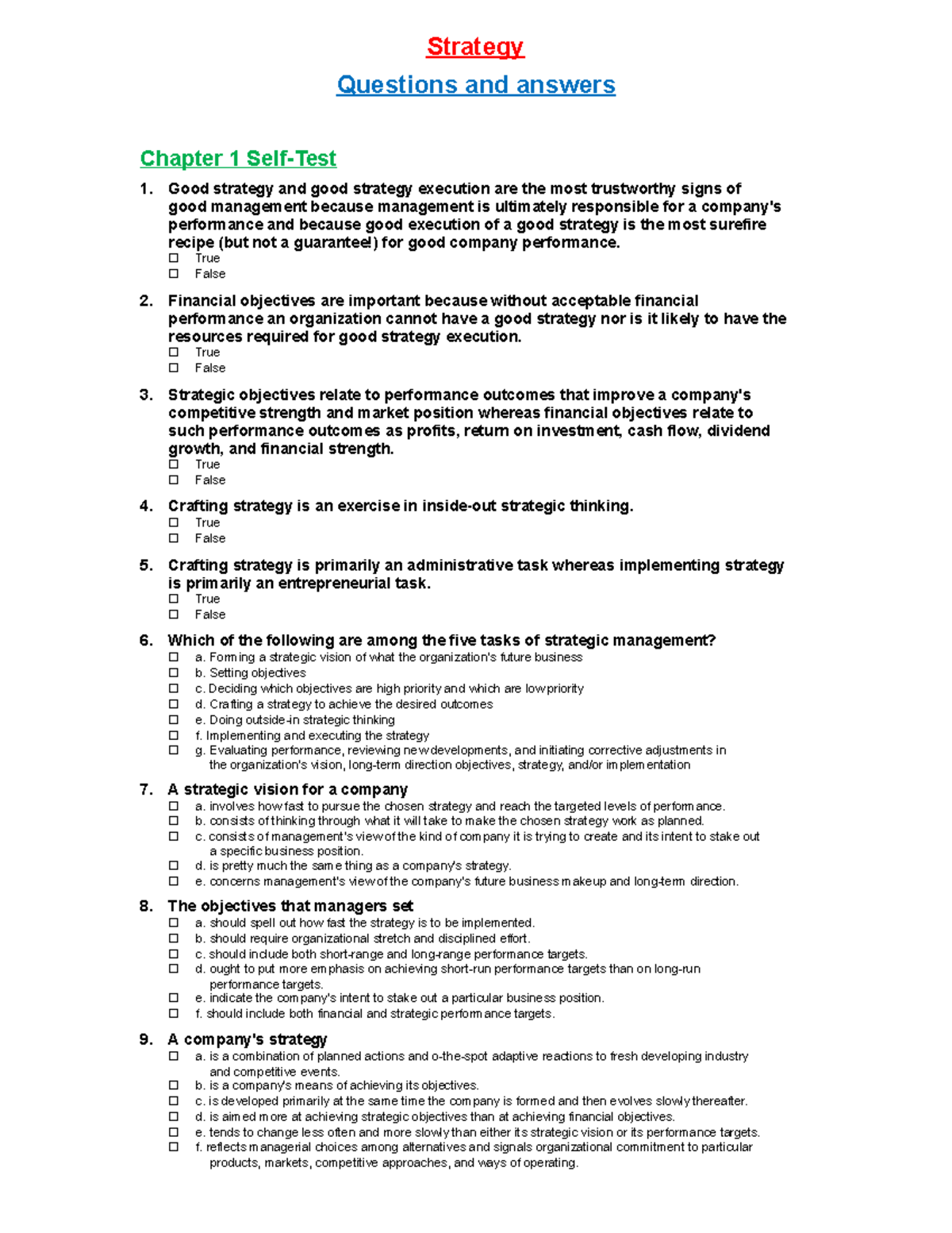 Strategic management multiple choice questions Strategy Questions and